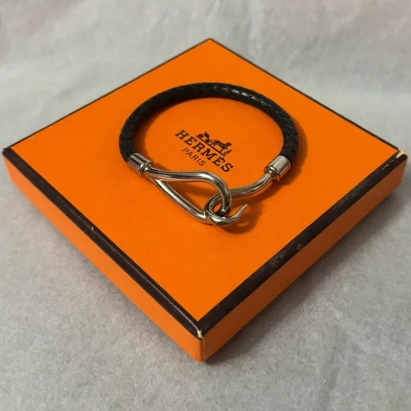 Hermès AUTHENTIC Silver & Black Leather Jumbo Hook Braided Tour Bracelet. - Picture 7 of 16